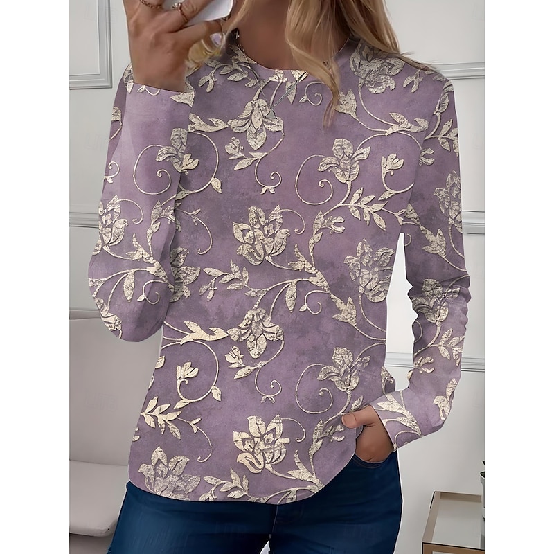 Women's T shirt Long Sleeve Crew Neck Long Sleeve Tunic Floral Casual Regular Tops Daily Print Sage Green Pink Blue Sky Blue Purple Spring Fall Prefall3