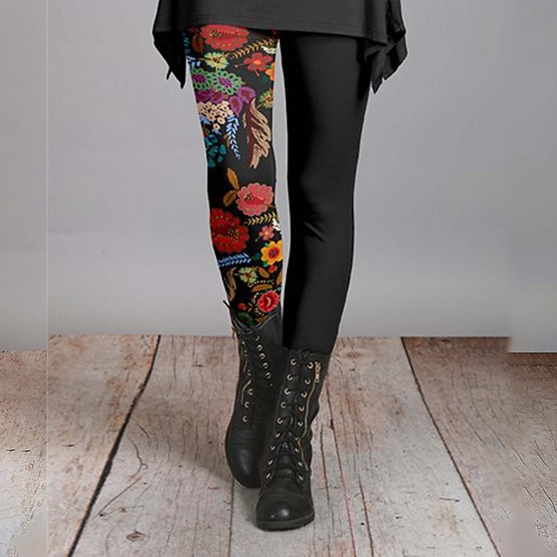 Women's Slacks Leggings Cozy Leggings Streetwear Casual Full Length Natural Flower Elastic Waist Print Comfy Outdoor Comfortable Outdoor Vacation Holiday Dark-Gray Wine Black Fall Regular Fit