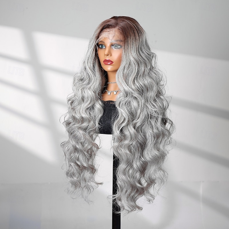Synthetic Lace Wig Body Wave Style 28 inch Gray Middle Part 13x4 Lace Front Wig Women's Wig Silver grey2