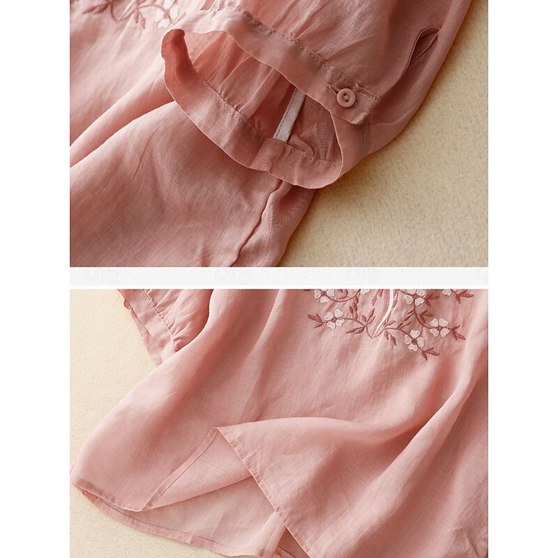 Women's Cotton Linen Shirts Solid Color Stylish Basic Casual 3/4 Length Sleeve V Neck Regular Tops Daily Embroidered Light Green Pink Purple Khaki Summer2