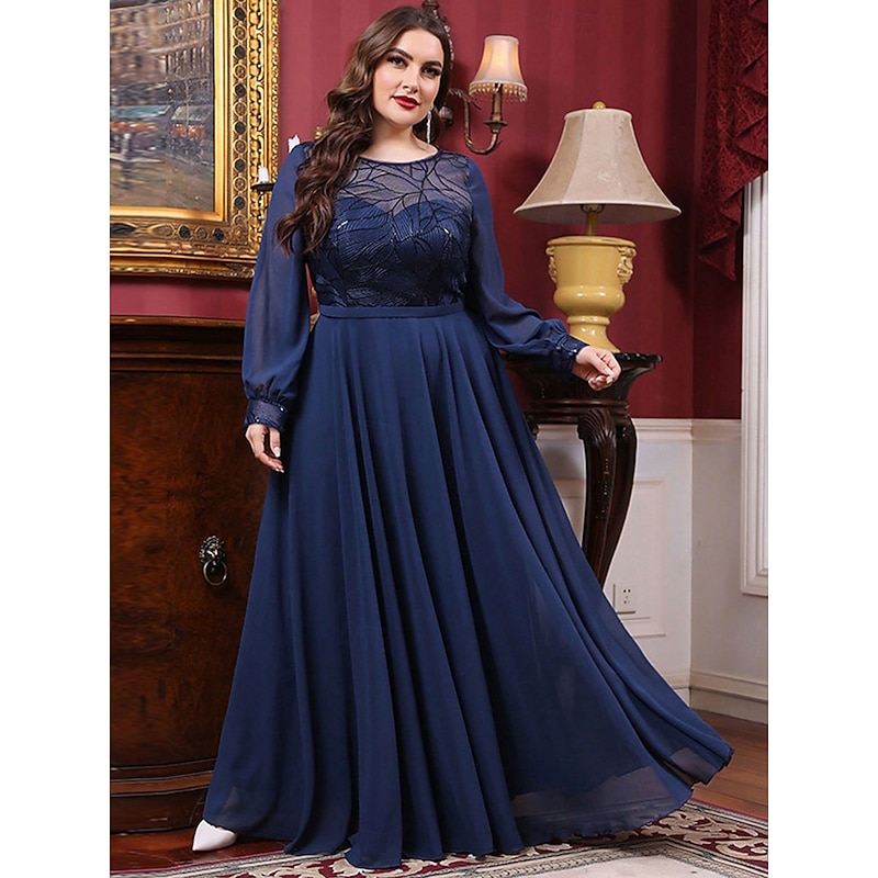 A-Line Evening Gown Elegant Dress Formal Wedding Floor Length Long Sleeve Crew Neck Chiffon with Pleats