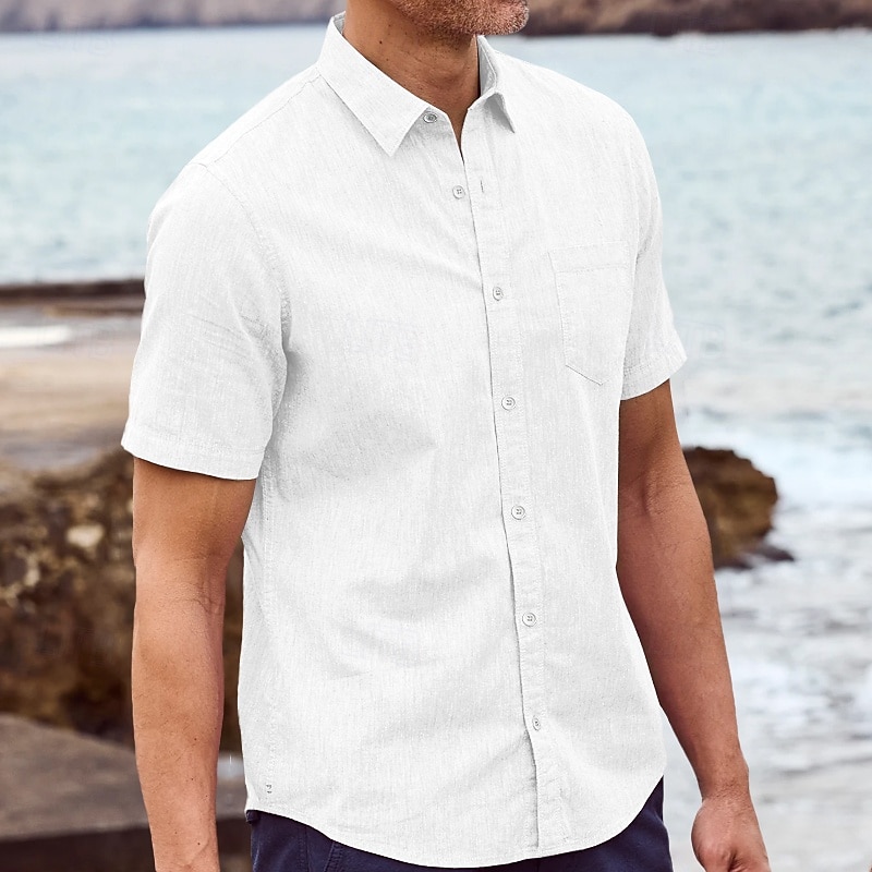 Men's Shirt Linen Shirt Summer Shirt Beach Wear Button Up Shirt Solid Color Vacation Casual White Blue Khaki Gray Short Sleeve Turndown Spring & Summer Clothing Apparel Pocket2