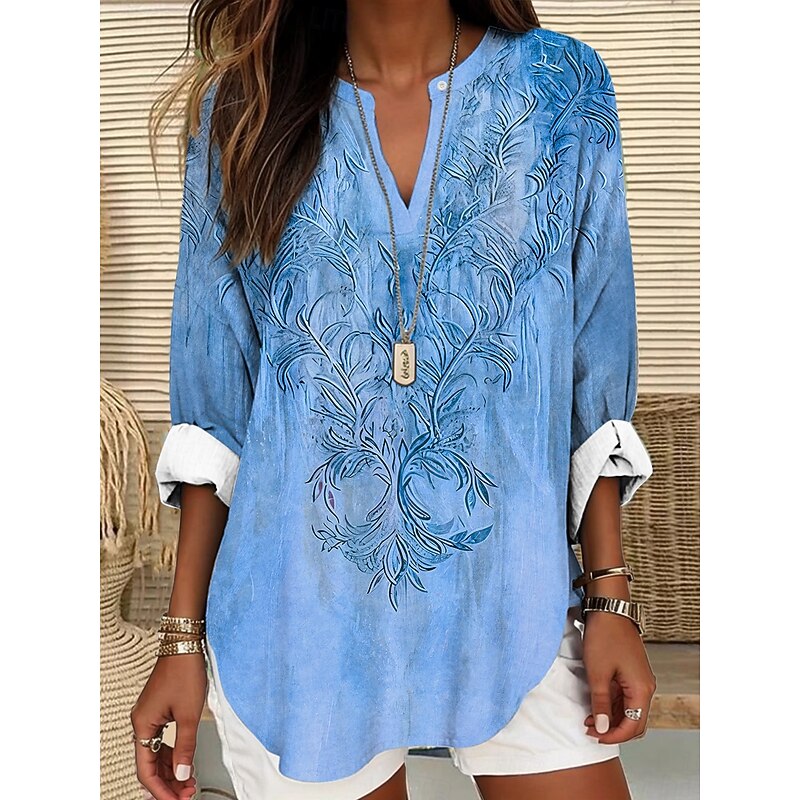 Women's Blouse Tunic V Neck Long Sleeve Boho Casual Summer Tops Floral Graphic Daily Regular Tops Daily Print Black White Pink Blue Sky Blue2