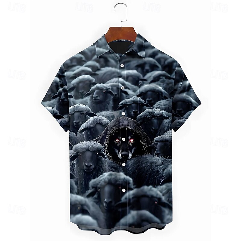 Men's Animal Sheep Funny Summer Hawaiian Shirt Button Up Shirt Aloha Shirt Short Sleeve Hawaiian Holiday Beach Wear Summer Spring Turndown 3D Print Collared Shirts Front One Pocket Blue Orange Dark4