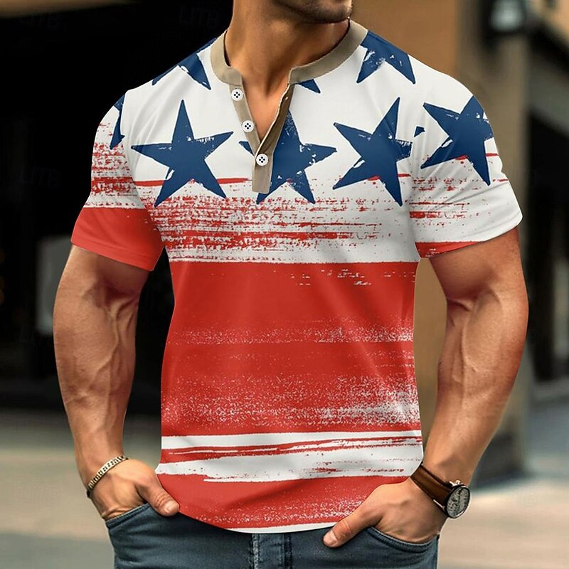 Men's American Independence Day Stars and Stripes T Shirt Henley Shirt Short Sleeve Designer Retro Vintage Casual Street Casual Daily Summer Spring White Henley Henley T-Shirt
