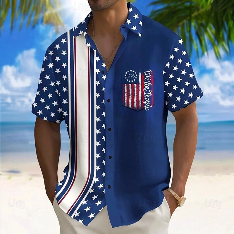 Independence Day Men's American US Flag Cross Patriotic Shirt Summer Shirt Button Up Shirt Short Sleeve Fashion Casual Holiday Summer Spring Turndown 3D Print Collared Shirts Front One Pocket White2