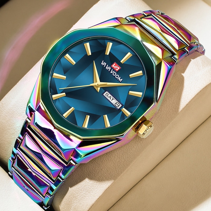 VA VA VOOM Men's Watch Business And Leisure Dual Calendar Waterproof Stainless Steel Strap Color Changing Dial Quartz Watch