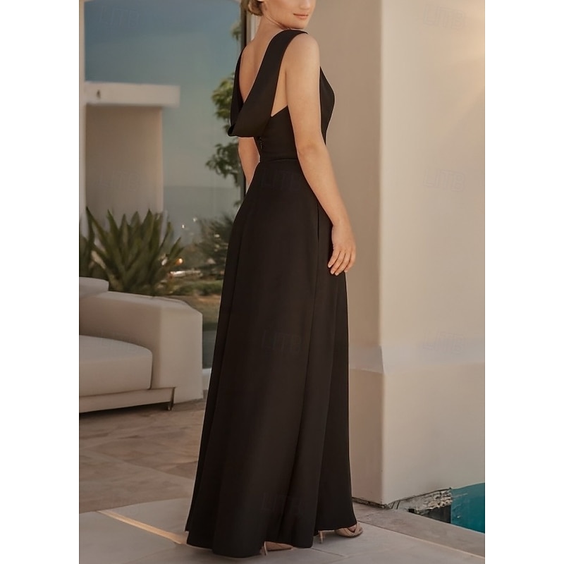 A-Line Wedding Guest Dresses Elegant Dress Wedding Guest Engagement Floor Length Sleeveless Crew Neck Stretch Crepe Cowl Back with Slit2