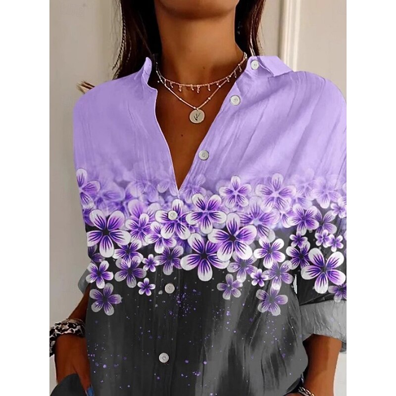 Women's Shirt Floral Active Daily Stylish Long Sleeve Shirt Collar Regular Tops Daily Holiday Buttons Print Purple Spring Fall2