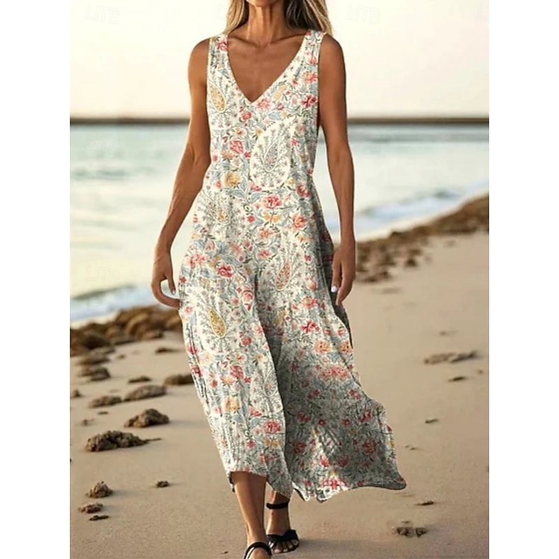 Women's Long Dress Maxi Dress Casual Dress Tank Dress Summer Dress African Daily Holiday Beach Regular Fit Floral Sleeveless V Neck Pink Red Navy Blue Purple Summer