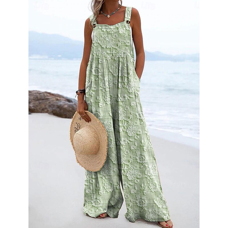 Women's Dungarees Active Floral Sleeveless Wide Leg Vacation Street Loose Fit Blue Purple Green Summer3