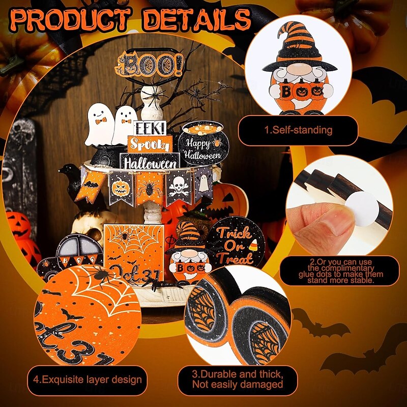 15pcs Halloween Tiered Tray Decor Set, Cute Black and Orange Wooden Signs, Happy Halloween Ghost Block Decorations for Farmhouse Home Tabletop Display3