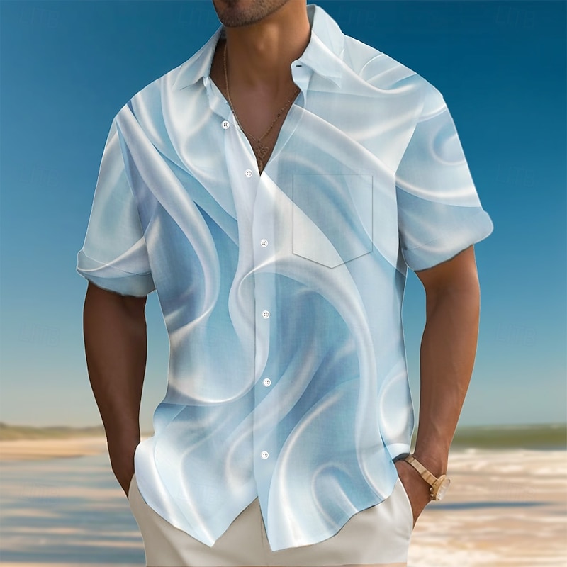 Men's Geometric Waves Marble Shirt Summer Shirt Button Up Shirt Short Sleeve Fashion Casual Outdoor Vacation Dailywear Summer Spring Turndown 3D Print Collared Shirts Front One Pocket Blue