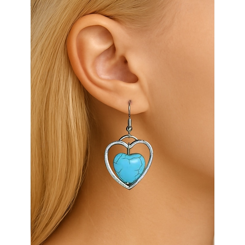 Women's Boho Turquoise Heart Drop Earrings – Vintage Silver Accents, Natural Stone Dangle Design for Free-Spirited Women, Ideal for Music Festivals, Casual Outings and Gifts2