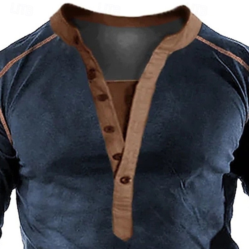 Men's T Shirt Henley Shirt Tee Tee Top Long Sleeve Henley Spring Fall Plain Fashion Designer Basic Patchwork Vacation Street Going out Navy Blue Top Tee for Men2