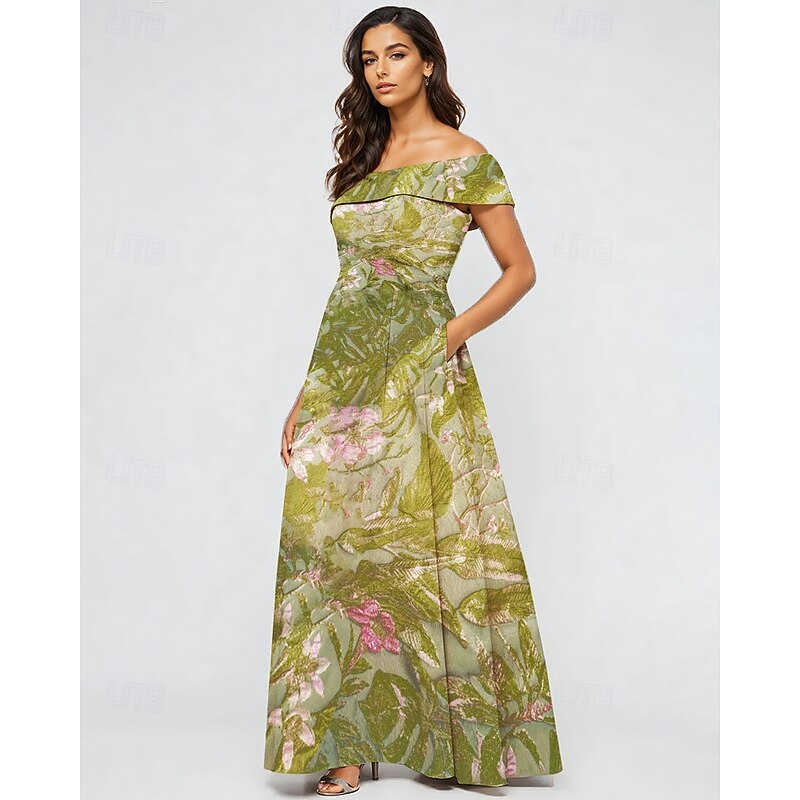 Jacquard Brocade Floral A-Line Evening Gown Elegant Dress Formal Wedding Floor Length Short Sleeve Off Shoulder Nylon with Pocket