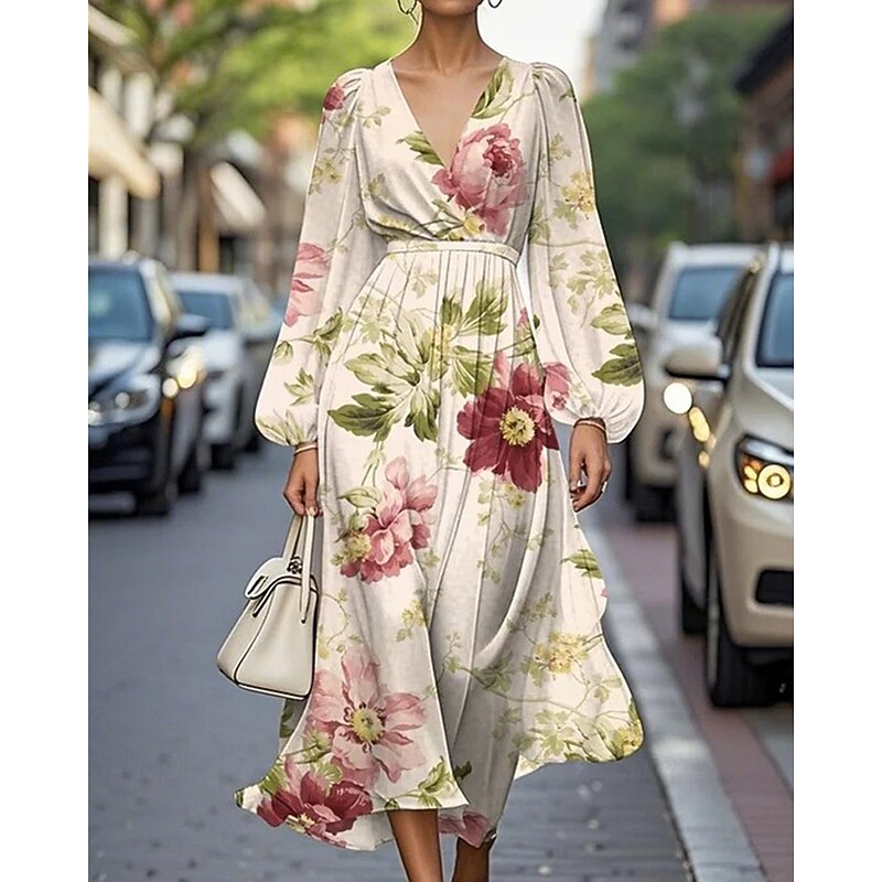 Women's Midi Dress Casual Dress Print Dress Elegant Fashion Outdoor Party Holiday Regular Fit Flower Long Sleeve V Neck White Pink Beige Summer Spring