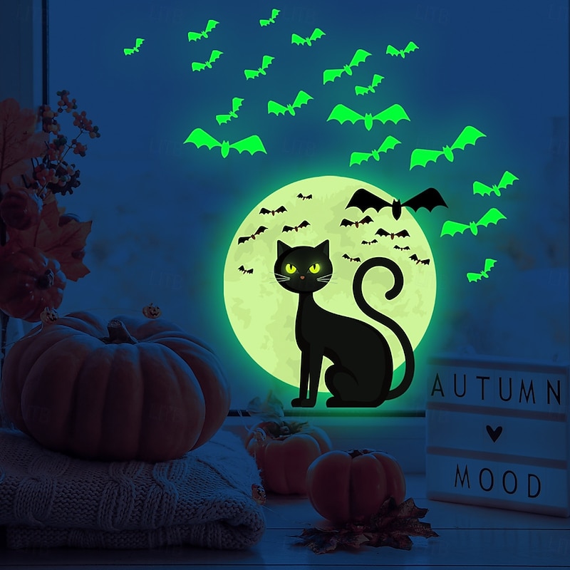 Halloween Decal Stickers Glow in The Dark Decoration, Luminous Bat and Cat Wall Stickers, Self-Adhesive Halloween Home Decor for Living Room and Bedroom