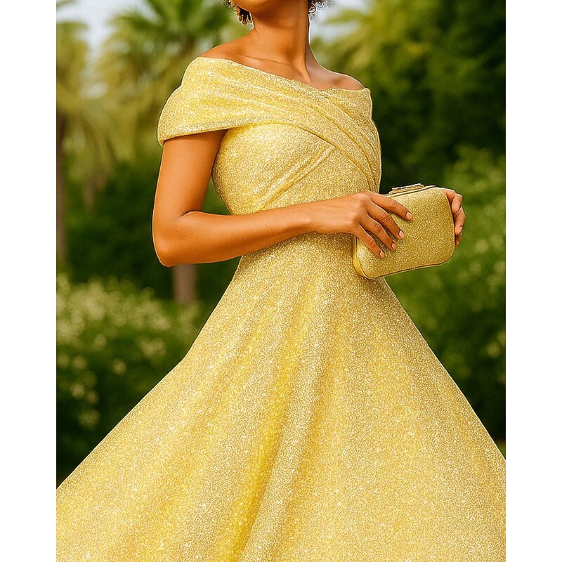 Black Tie Gold Sparkle Jacquard A-Line Cocktail Dresses Elegant Dress Formal Wedding Tea Length Midi Length Sleeveless Off Shoulder with Pleats2