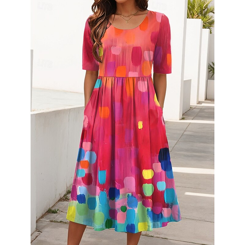 Women's Midi Dress Summer Dress Pleated Dress Vacation Casual Holiday Regular Fit Graphic Geometric Half Sleeve Crew Neck Red Blue Purple Summer Spring4