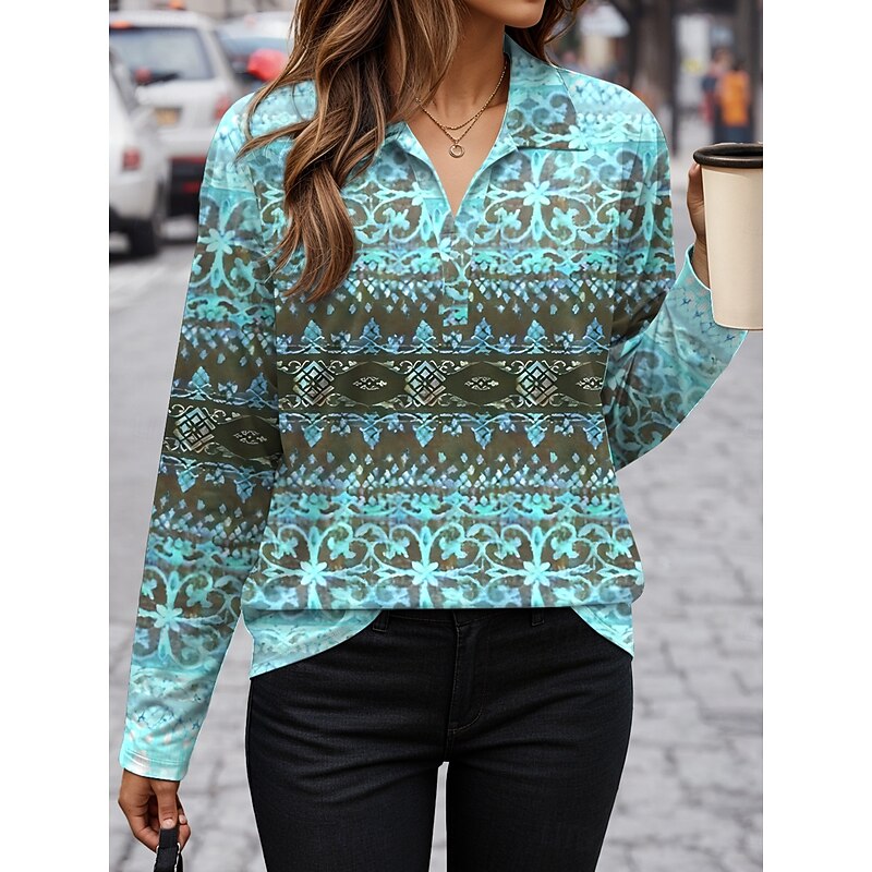 Women's T Shirt Graphic Geometry Vintage Stylish Casual Long Sleeve V Neck Shirt Collar Regular Tops Daily Print Yellow Pink Blue Purple Khaki Fall Winter4