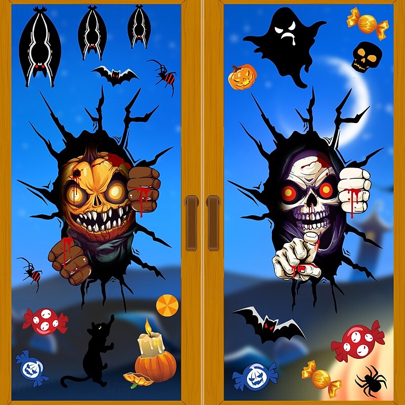 4 Sheets Halloween Window Cling Sticker Decals Decorations Double Side, Grim Reaper Skull Ghost Bat Spider Static Stickers for Halloween Party Supplies and Window Decor2