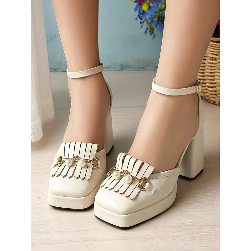 Women's 1950s Vintage Chunky Heel Platform Loafers – Cream Faux Leather Round Toe Pumps with Pearl Tassel and Ankle Strap for Weddings, Parties, and Formal Events3