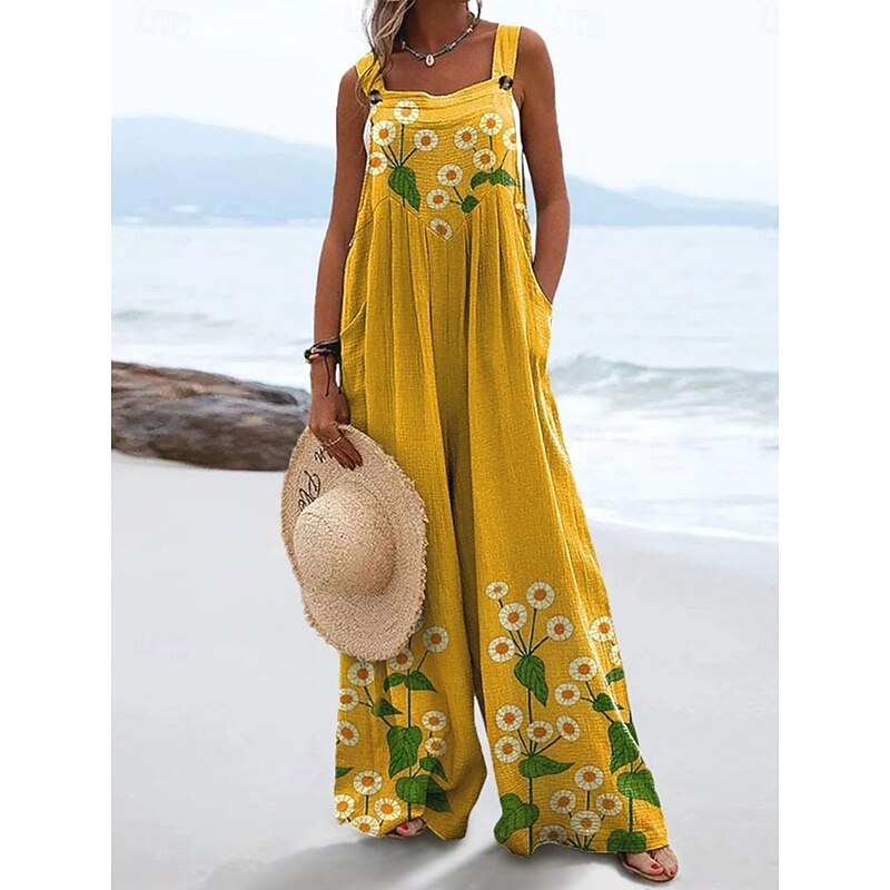 Women's Dungarees Active Floral Sleeveless Sleeveless Wide Leg Pocket Buttons Vacation Daily Loose Fit Black White Yellow Summer
