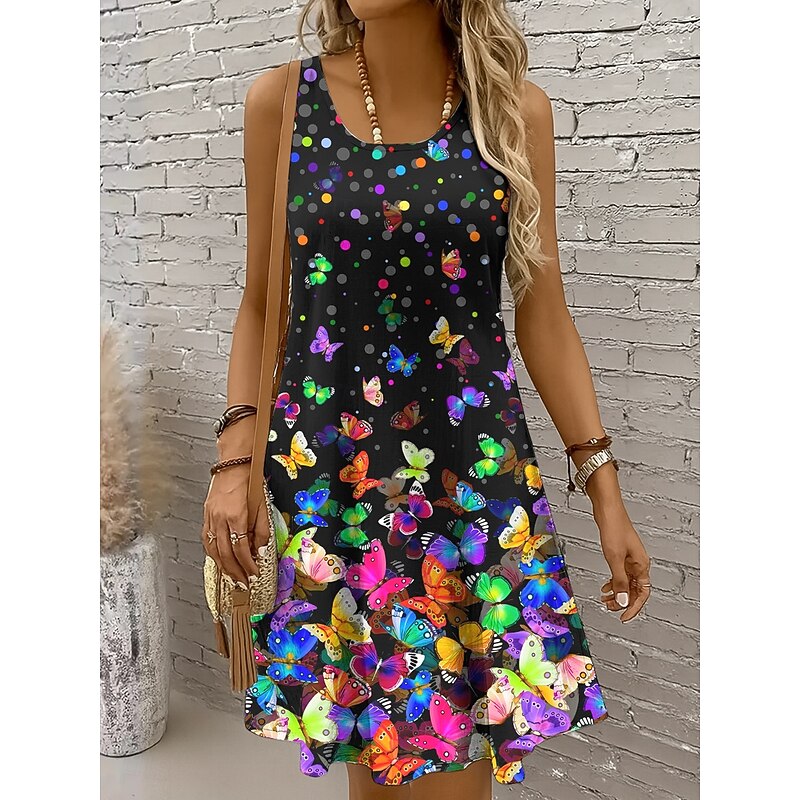 Women's Mini Dress Casual Dress Sundress A Line Dress Off The Shoulder Dress Vacation Casual Holiday Beach Regular Fit Ombre Graphic Butterfly Sleeveless Crew Neck Scoop Neck Colourful Yellow Red Blue