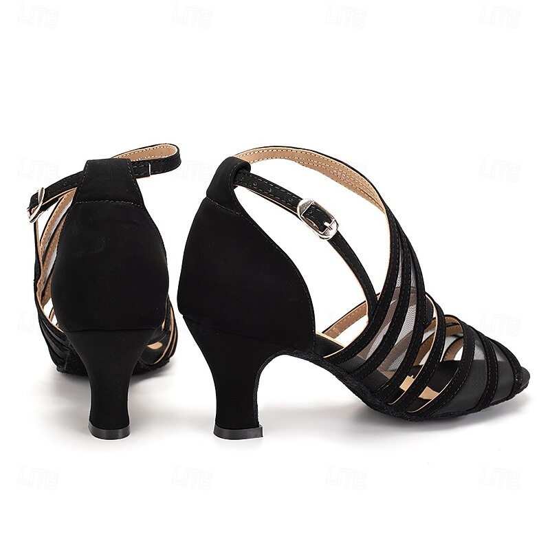 Women's Black Strappy Latin Dance Shoes with Mesh Panels and Suede Sole, Open Toe Ballroom Heels for Salsa, Tango, and Performance Practice3