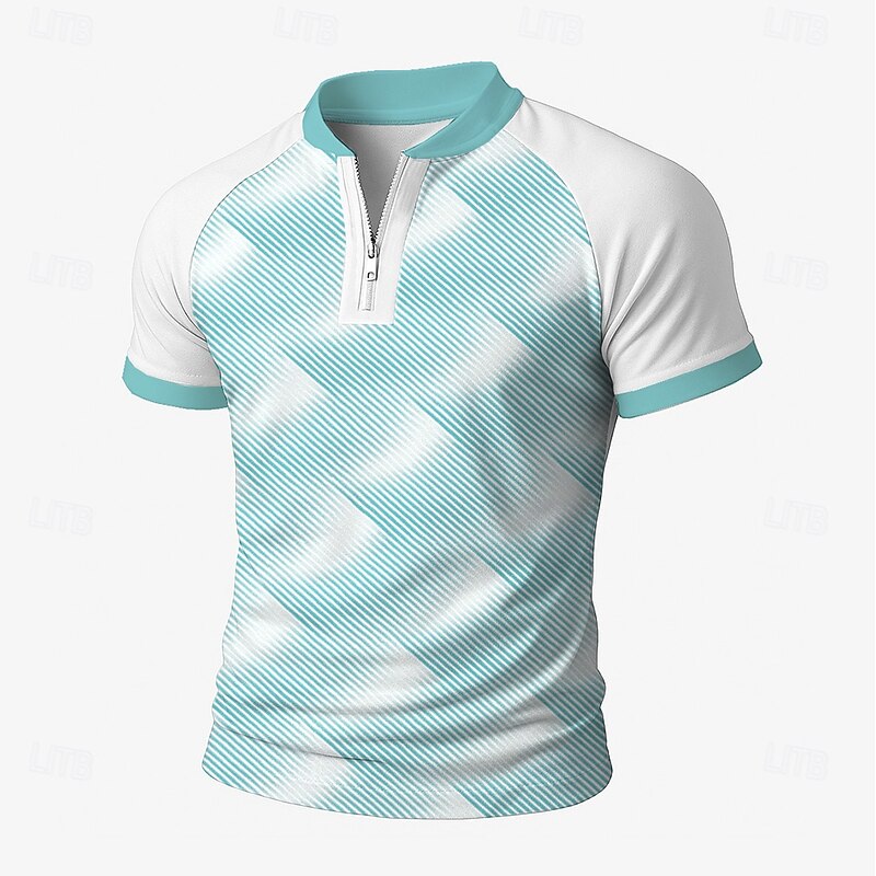 Men's Color Block Geometic Zip Polo Short Sleeve Standing Collar Business Sporty Leisure Business Athleisure Casual Daily Zipper 3D Print Summer Lake blue Robin's Egg Blue Green3