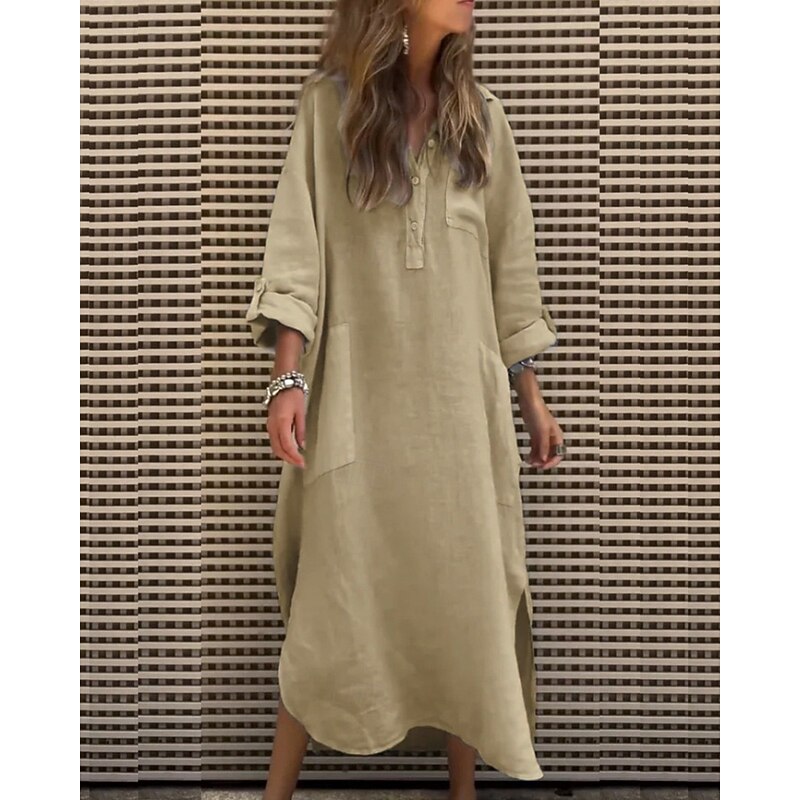 Women's Midi Dress Shirt Dress Classic Modern Outdoor Vacation Holiday Regular Fit Plain Long Sleeve V Neck Pink Purple Khaki Gray Summer4