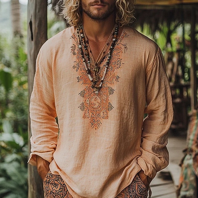 Men's Shirt Linen Shirt Popover Shirt Summer Shirt Beach Wear Geometric Vacation Street Pink Blue Orange Long Sleeve V Neck Summer Spring Clothing Apparel