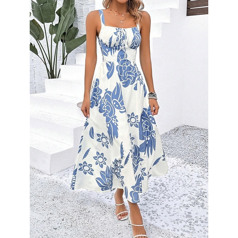 Women's Maxi Dress A Line Dress Slip Dress Vacation Casual Boho Outdoor Going out Regular Fit Floral Sleeveless Spaghetti Strap Navy Blue Blue Green Summer Spring