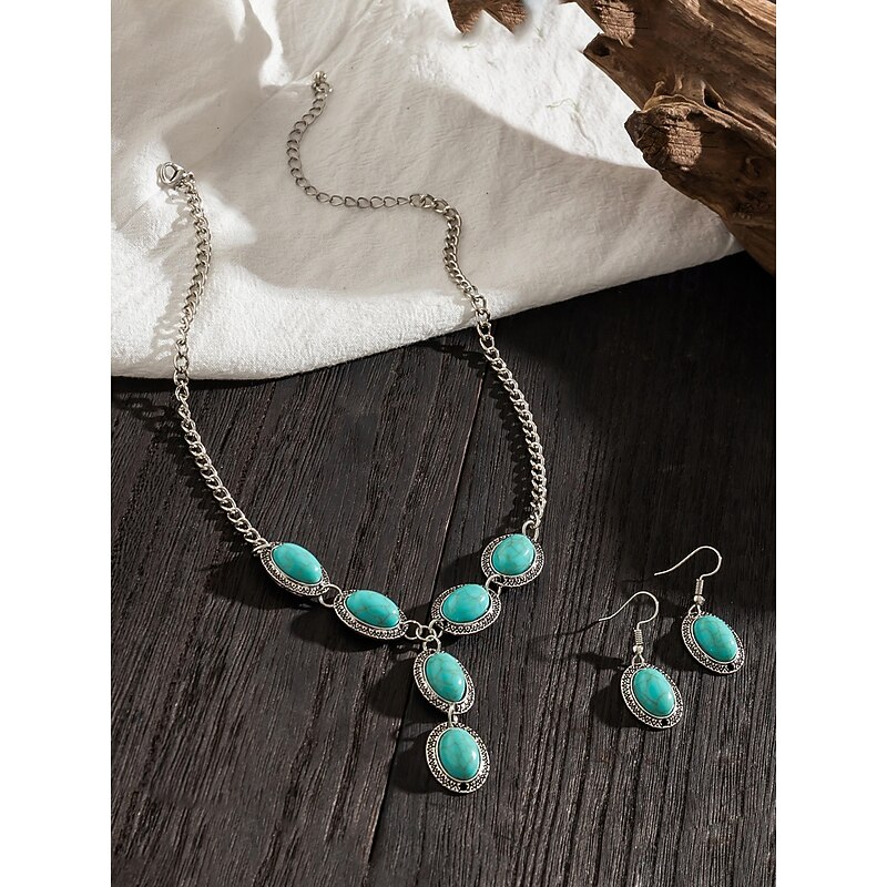Women's Turquoise Statement Jewelry Set – Vintage Silver-Plated Oval Pendant Necklace and Drop Earrings for Boho Style, Summer Festivals and Beach Parties4