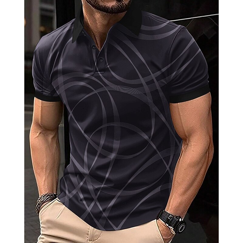 Men's Polo Button Up Polos Casual Sports Lapel Short Sleeve Fashion Basic Print Buttons Summer Spring Black White Polo