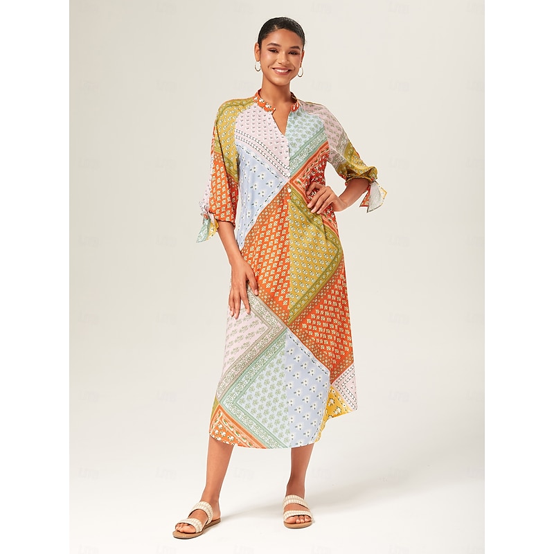 Colorful Silk Scarf Printed Tie Sleeve Maxi Dress