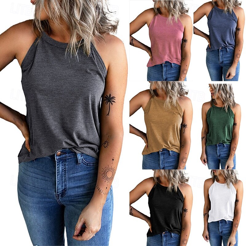 Women's Camisole Tank Top Solid Color Daily Stylish Casual Sleeveless Halter Neck Regular Tops Daily Black White Pink Blue Green Summer