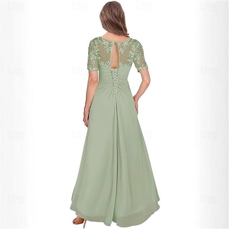A-Line Mother of the Bride Dress Elegant Simple V Neck Asymmetrical Chiffon Short Sleeve with Solid Color4