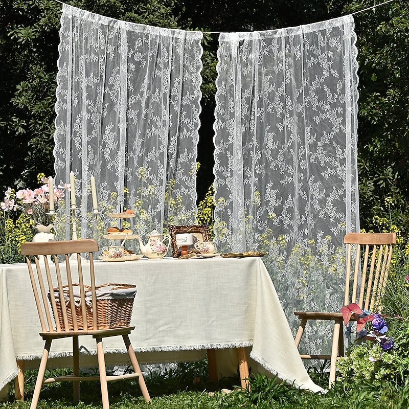 French Lace Embroidered Curtains, Bedroom Sheer Tulle Curtains, Rod Pocket Window Curtains, 2 Panels Curtains3
