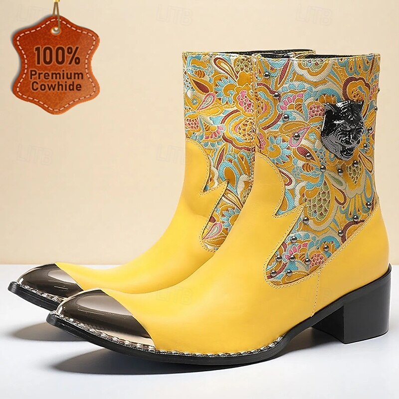 Men's Yellow Retro Biker Boots with Gold Tip Paisley Print–Premium Cowhide Leather Walking Boots for Fashionable Outdoor Adventures - Main Image