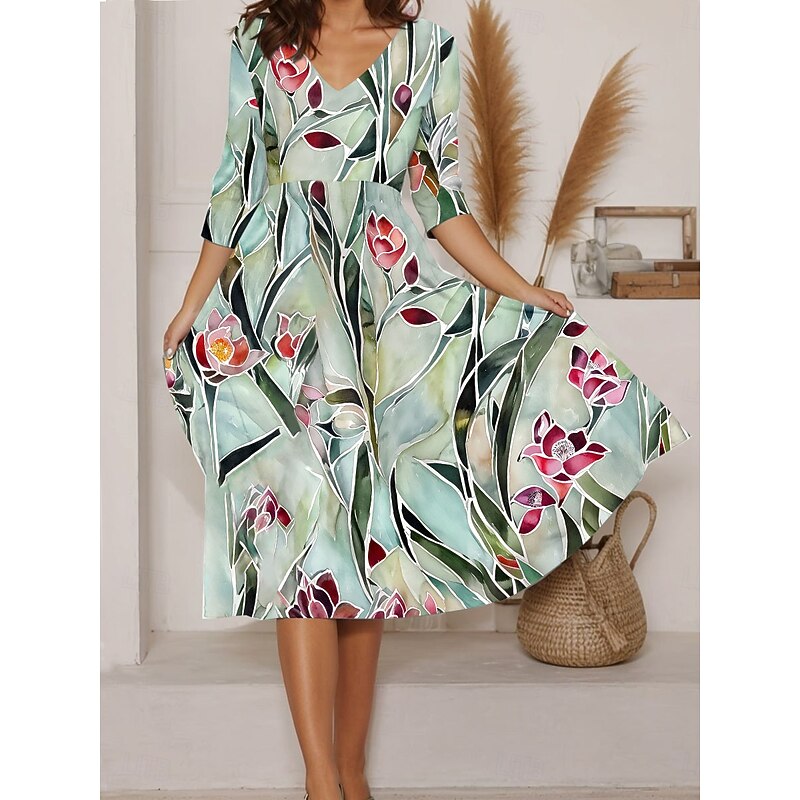 Women's Midi Dress A Line Dress Vacation Casual Going out Regular Fit Floral Graphic Long Sleeve V Neck Yellow Red Green Beige Summer