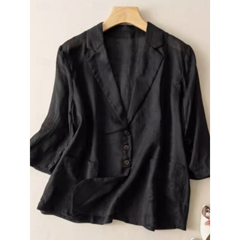 Women's Blazer Comfortable Breathable Pocket Casual Plain Office Street Casual Daily Wear Single Breasted Regular Turndown Loose Fit 3/4 Length Sleeve Outerwear Black White Orange Summer3