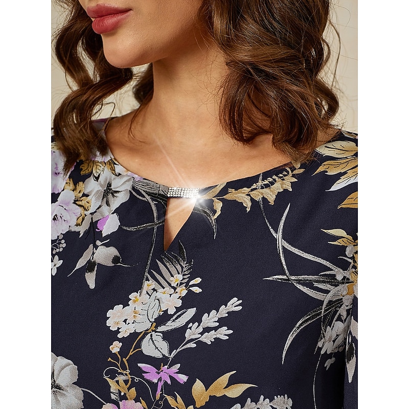 Women's Blouse Chiffon Tops Floral Graphic Elegant Daily Stylish Half Sleeve Crew Neck Regular Tops Wedding Guest Daily Semi Formal Layered Cut Out Print Navy Blue Summer Spring Fall2