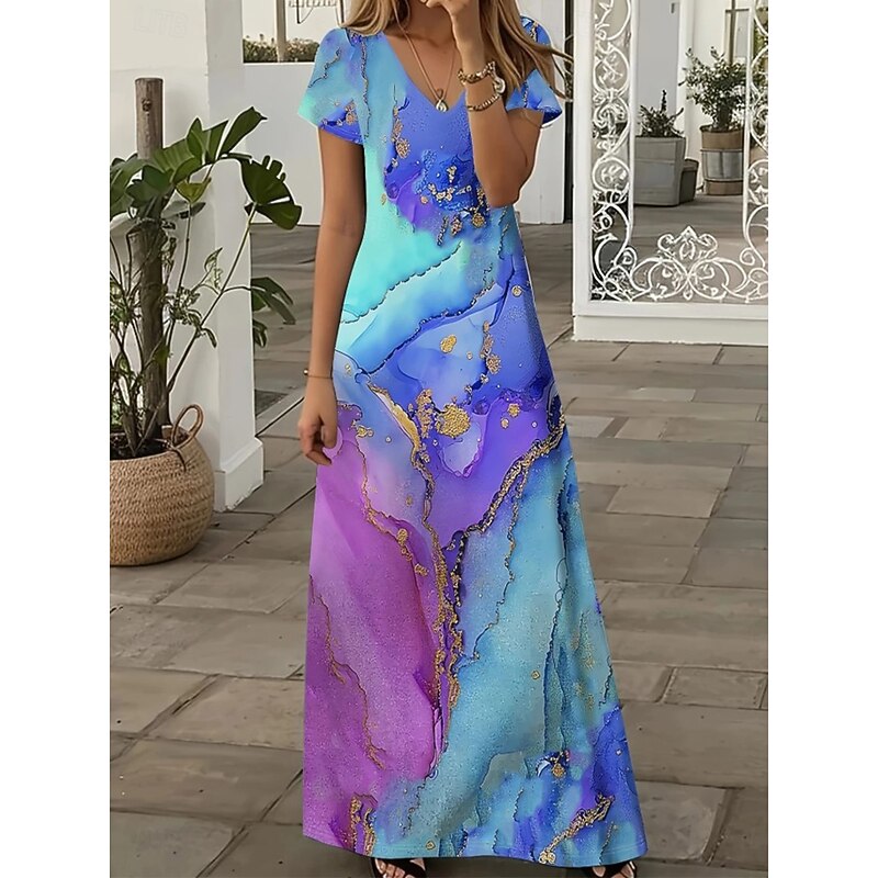 Women's Midi Dress Sundress A Line Dress Vacation Casual Boho Going out Loose Fit Ombre Graphic Geometric Short Sleeve V Neck Navy Blue Blue Sky Blue Purple Summer Spring Fall