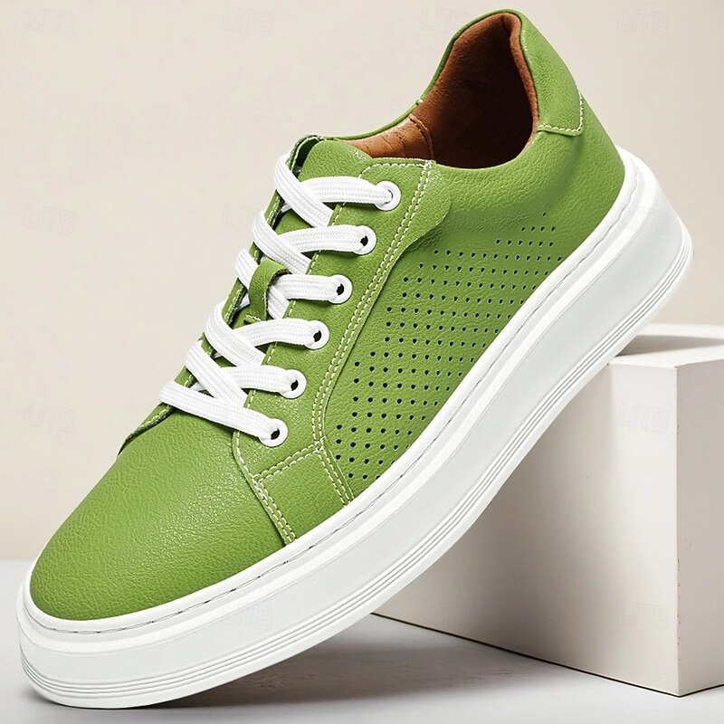 Men's Green Faux Leather Low-Top Sneakers, Stylish Perforated Design with Lace-Up Closure, Great for Street Style, Urban Casual and Spring Outfits