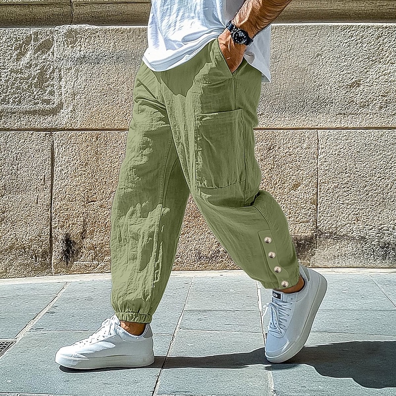 Men's Linen Pants Trousers Summer Pants Baggy Pants Cropped Pants Drawstring Elastic Waist Plain Comfort Breathable Full Length Casual Daily Holiday Vacation Fashion Loose Fit Black White