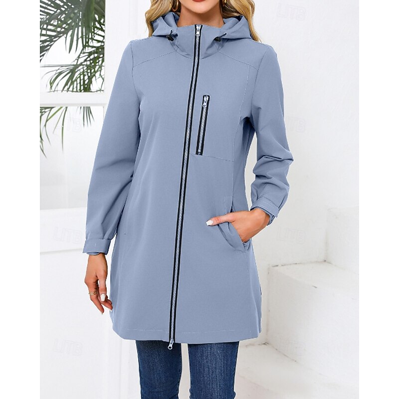 Women's Trench Coat Warm Comfortable Zipper Pocket Fashion Plain Street Going out Zipper Long Hooded Regular Fit Long Sleeve Outerwear Black Pink Sky Blue Fall Winter2
