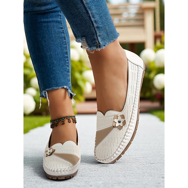 Women's White Perforated Loafers with Flower Detail – Soft Casual Flats for Garden Strolls, Driving and Everyday Comfort2