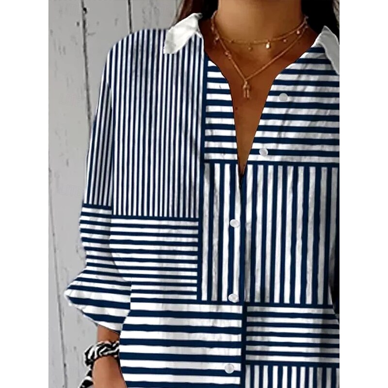 Women's Shirt Button Down Tunic Shirt Collar Long Sleeve Graphic Geometric Striped Vintage Tropical Daily Regular Tops Work Daily Holiday s Print Navy Blue Spring Fall2
